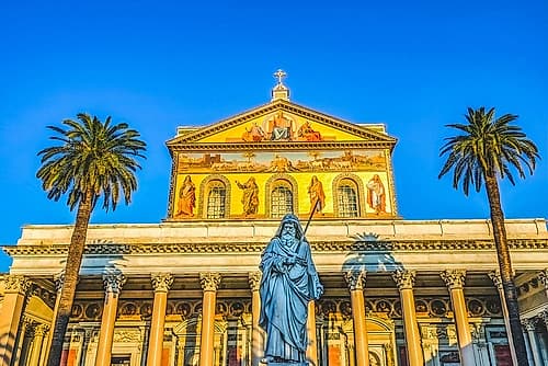 Saint Paul statue facade, Papal Basilica of Saint Paul, Rome, Italy. Art Print